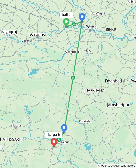 Route map showing distance and travel time from Ballia, India to Bargarh, India