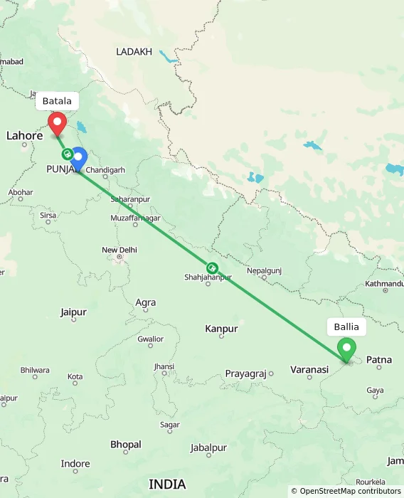 Route map showing distance and travel time from Ballia, India to Batala, India