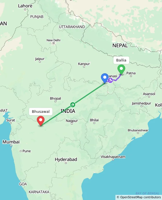 Route map showing distance and travel time from Ballia, India to Bhusawal, India