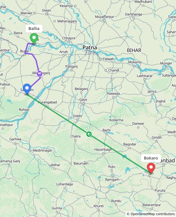 Route map showing distance and travel time from Ballia, India to Bokaro, India