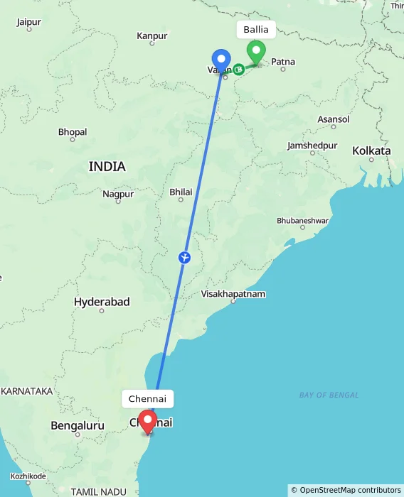 Route map showing distance and travel time from Ballia, India to Chennai, India