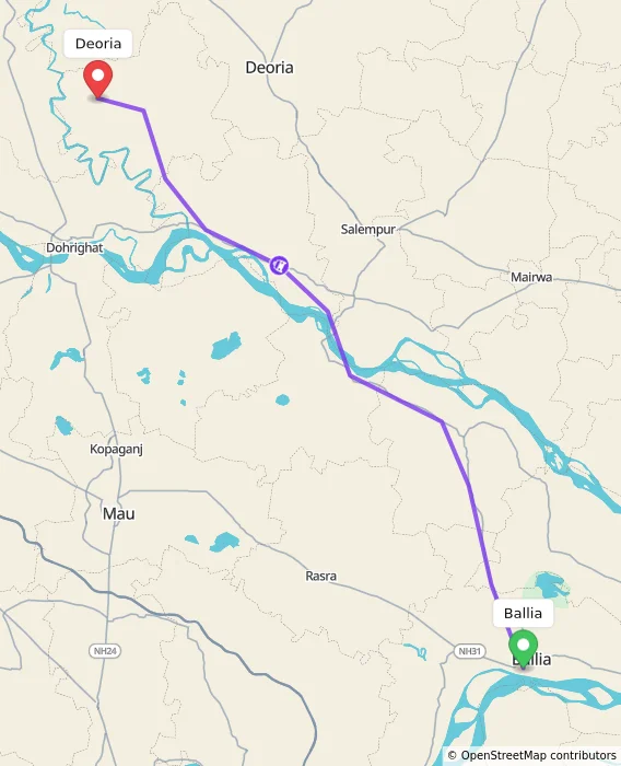 Route map showing distance and travel time from Ballia, India to Deoria, India