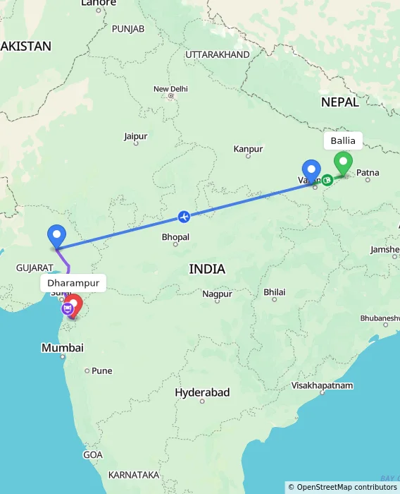 Route map showing distance and travel time from Ballia, India to Dharampur, India