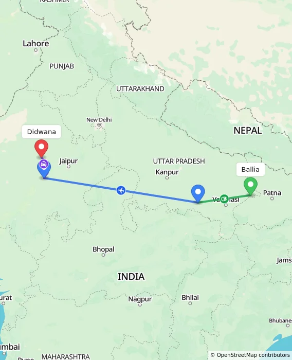 Route map showing distance and travel time from Ballia, India to Didwana, India