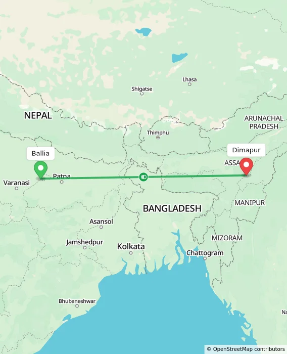 Route map showing distance and travel time from Ballia, India to Dimapur, India