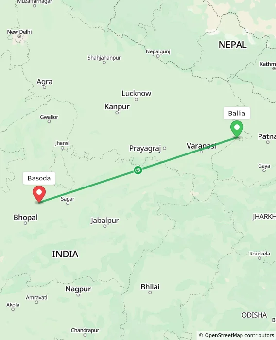 Route map showing distance and travel time from Ballia, India to Basoda, India