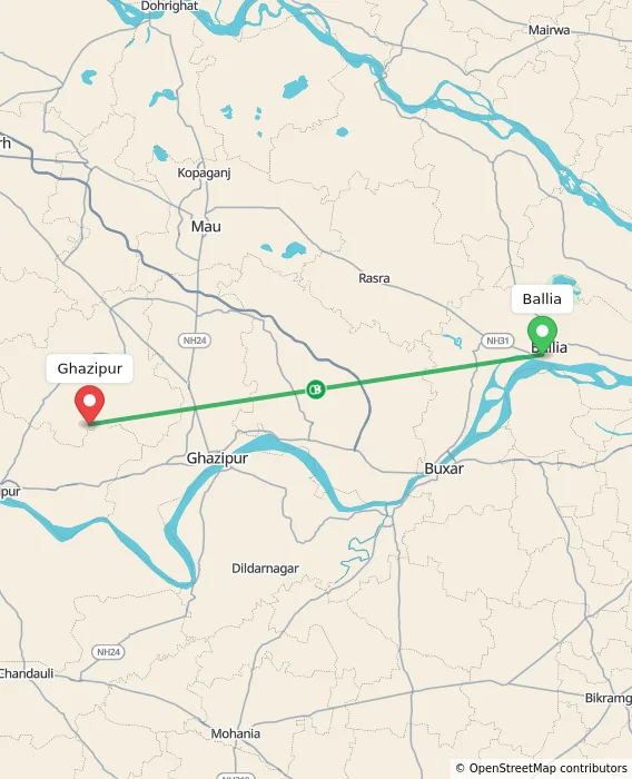 Route map showing distance and travel time from Ballia, India to Ghazipur, India