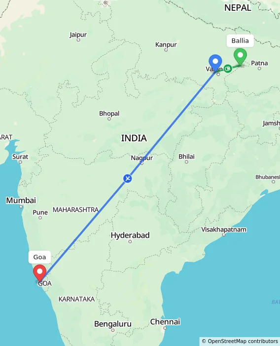 Route map showing distance and travel time from Ballia, India to Goa, India