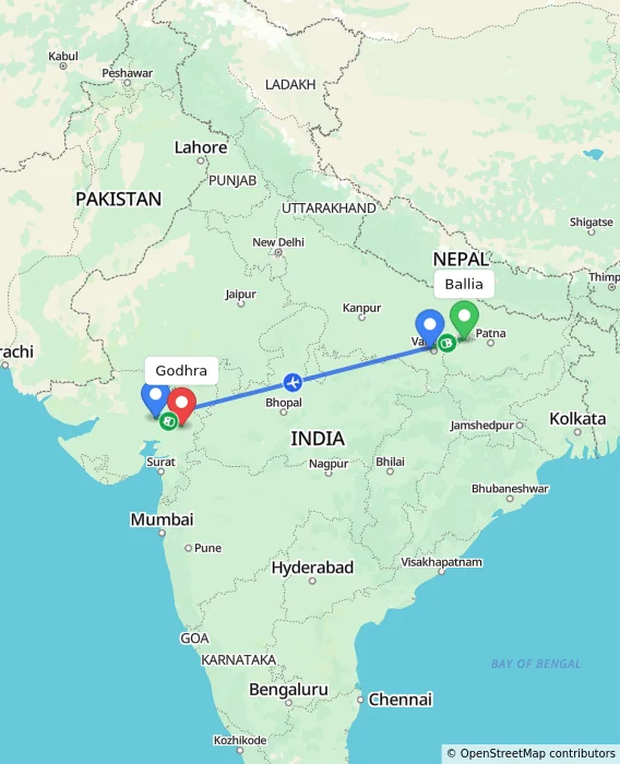 Route map showing distance and travel time from Ballia, India to Godhra, India