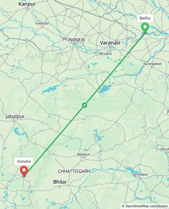 Route map showing distance and travel time from Ballia, India to Gondia, India