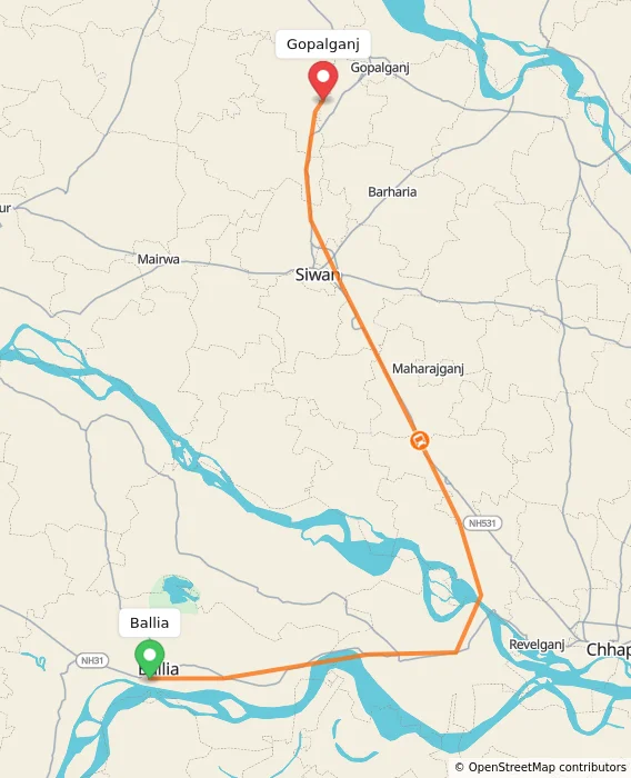 Route map showing distance and travel time from Ballia, India to Gopalganj, India