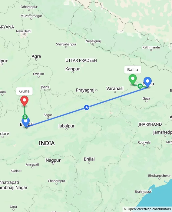 Route map showing distance and travel time from Ballia, India to Guna, India