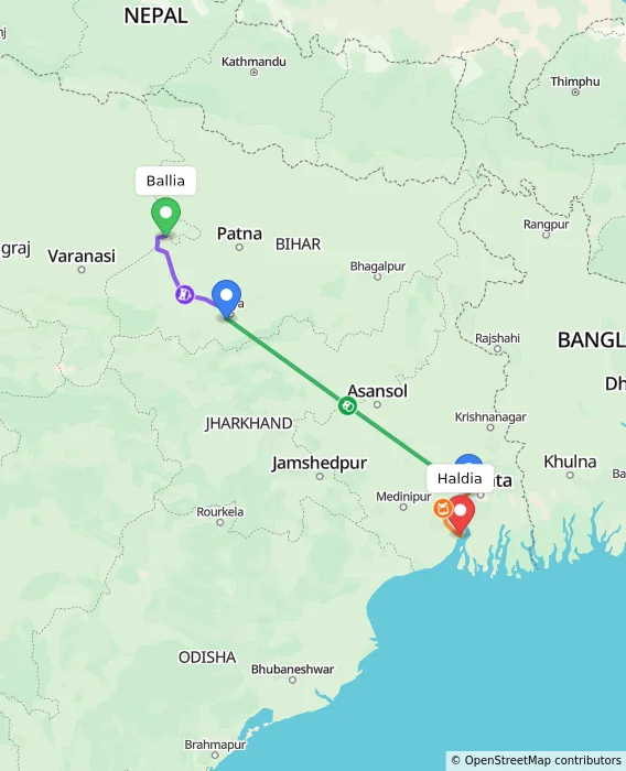 Route map showing distance and travel time from Ballia, India to Haldia, India