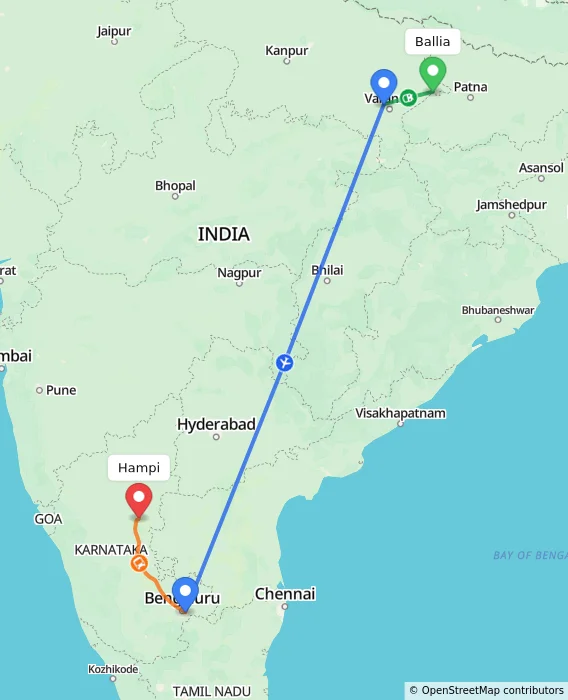 Route map showing distance and travel time from Ballia, India to Hampi, India