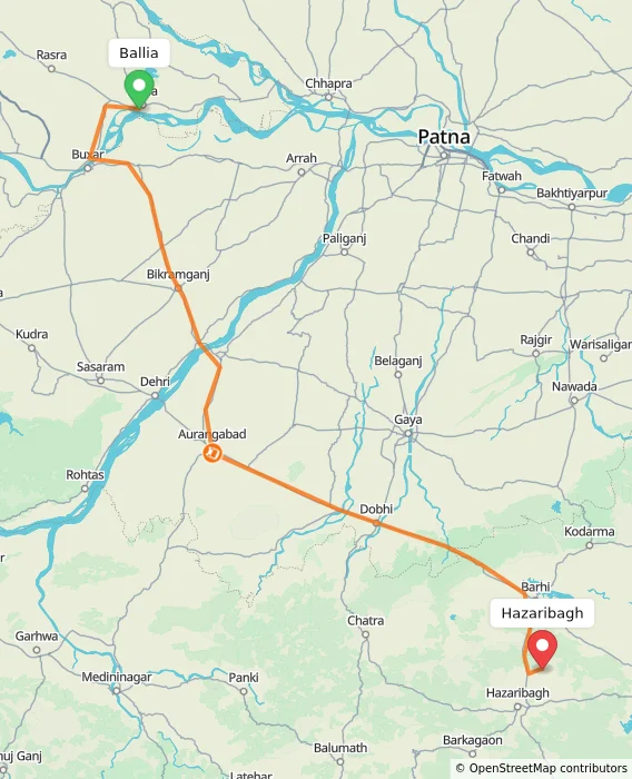 Route map showing distance and travel time from Ballia, India to Hazaribagh, India
