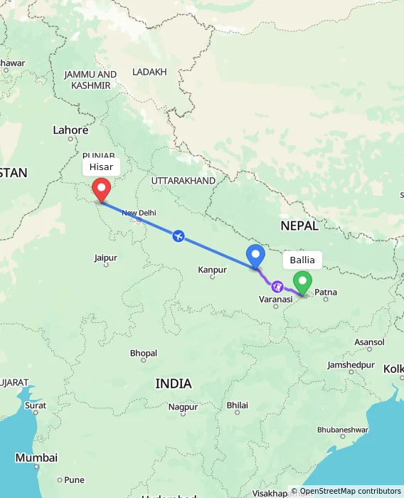 Route map showing distance and travel time from Ballia, India to Hisar, India
