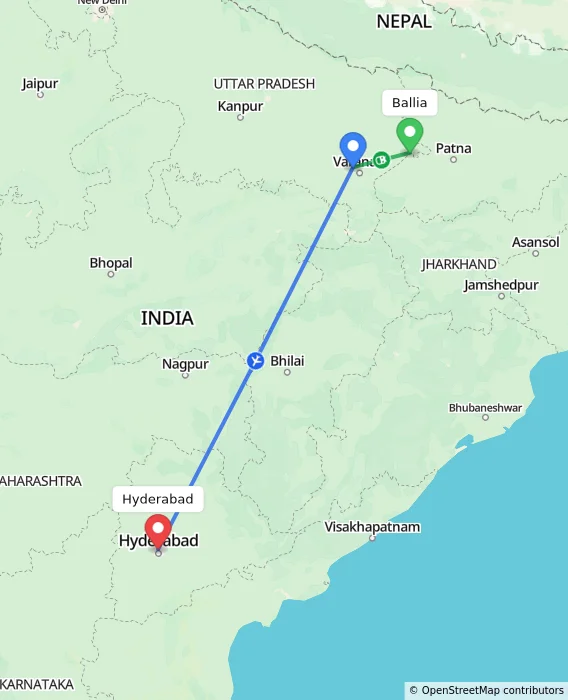 Route map showing distance and travel time from Ballia, India to Hyderabad, India