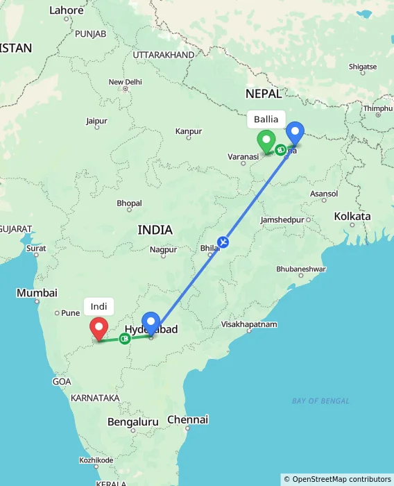 Route map showing distance and travel time from Ballia, India to Indi, India