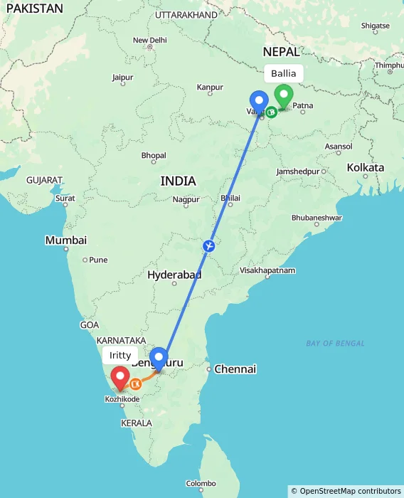 Route map showing distance and travel time from Ballia, India to Iritty, India