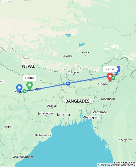 Route map showing distance and travel time from Ballia, India to Jorhat, India