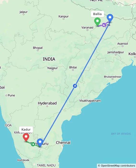 Route map showing distance and travel time from Ballia, India to Kadur, India