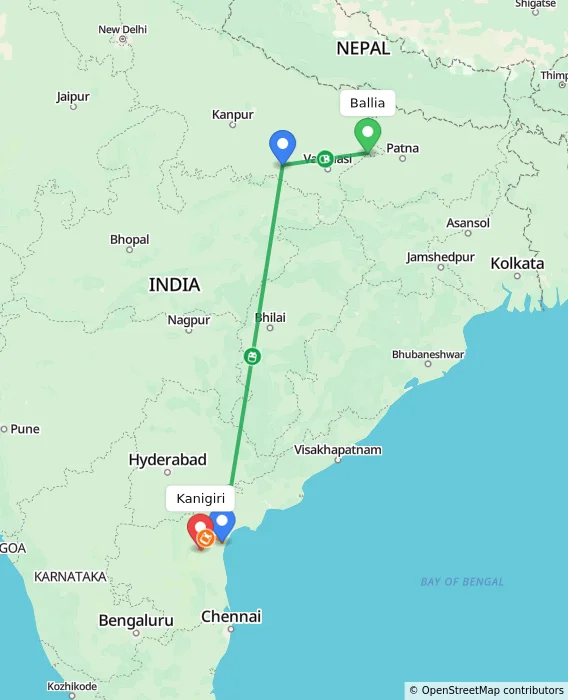 Route map showing distance and travel time from Ballia, India to Kanigiri, India