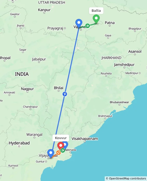 Route map showing distance and travel time from Ballia, India to Kovvur, India