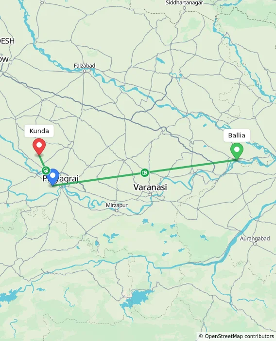 Route map showing distance and travel time from Ballia, India to Kunda, India