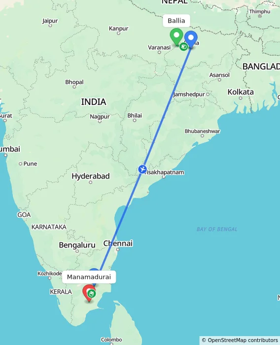 Route map showing distance and travel time from Ballia, India to Manamadurai, India