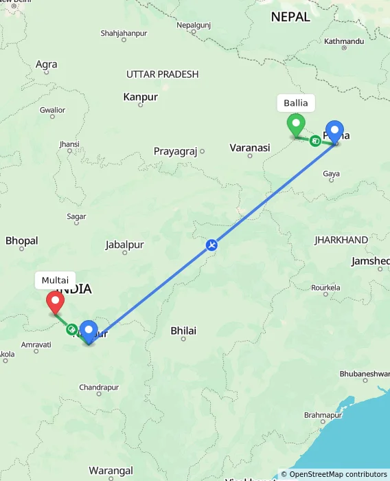 Route map showing distance and travel time from Ballia, India to Multai, India