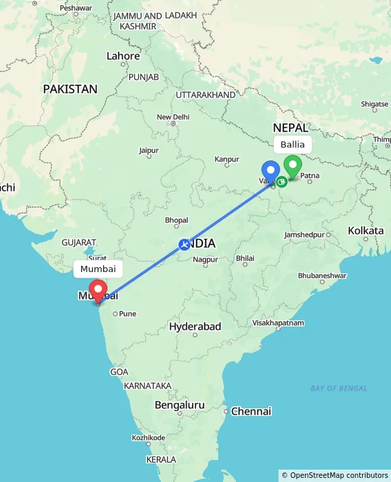 Route map showing distance and travel time from Ballia, India to Mumbai, India