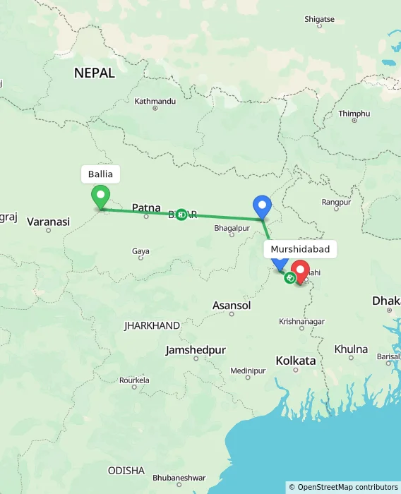 Route map showing distance and travel time from Ballia, India to Murshidabad, India