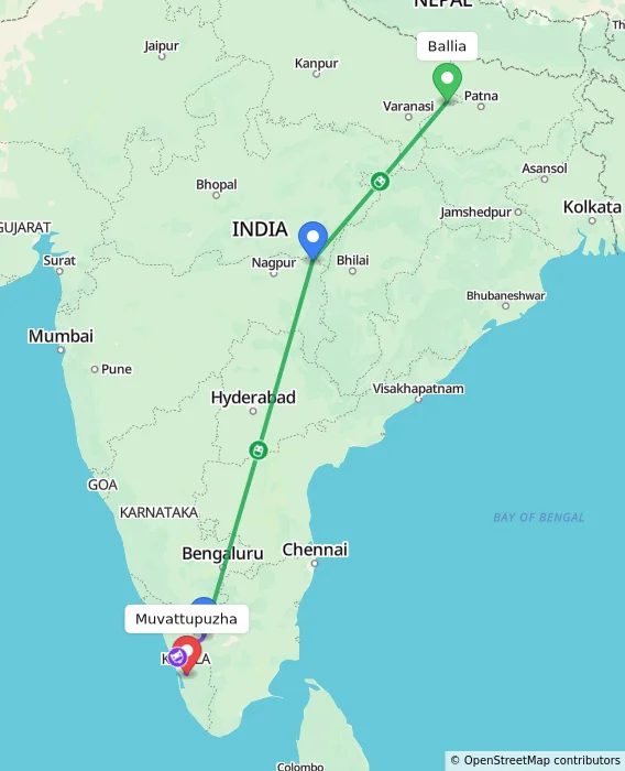 Route map showing distance and travel time from Ballia, India to Muvattupuzha, India