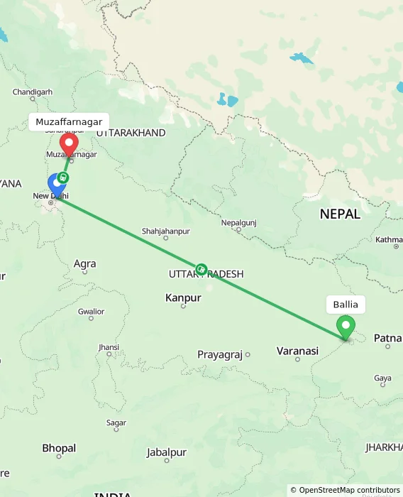 Route map showing distance and travel time from Ballia, India to Muzaffarnagar, India