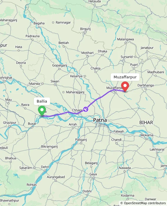 Route map showing distance and travel time from Ballia, India to Muzaffarpur, India