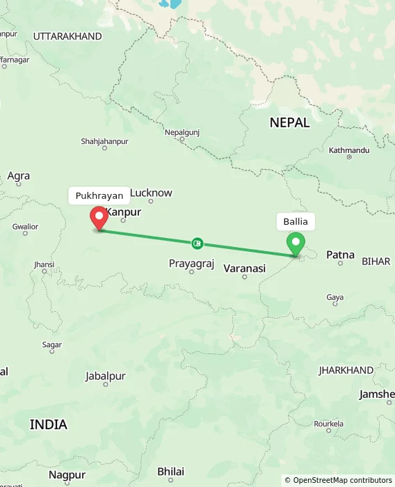 Route map showing distance and travel time from Ballia, India to Pukhrayan, India