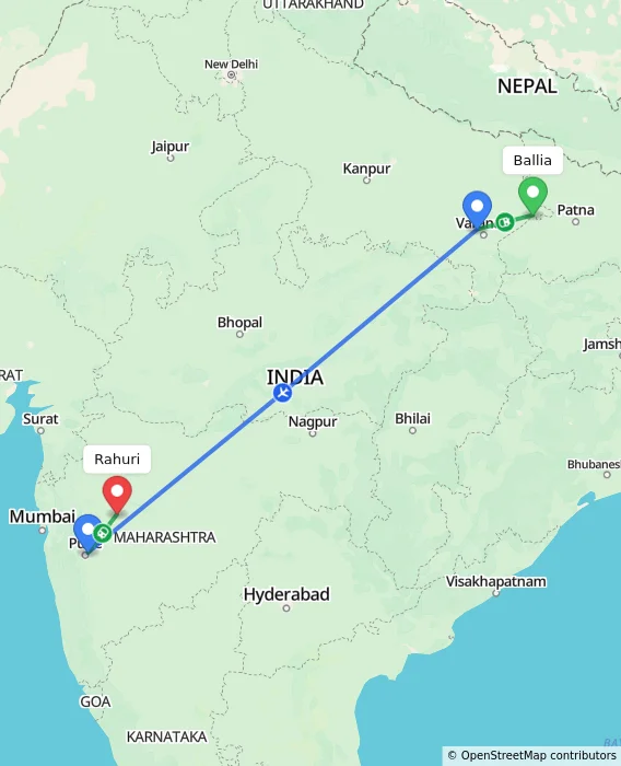 Route map showing distance and travel time from Ballia, India to Rahuri, India