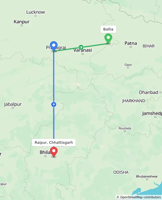 Route map showing distance and travel time from Ballia, India to Raipur, Chhattisgarh, India