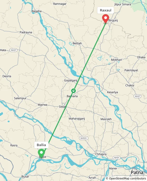 Route map showing distance and travel time from Ballia, India to Raxaul, India