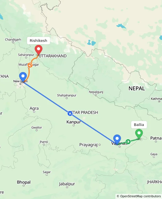 Route map showing distance and travel time from Ballia, India to Rishikesh, India