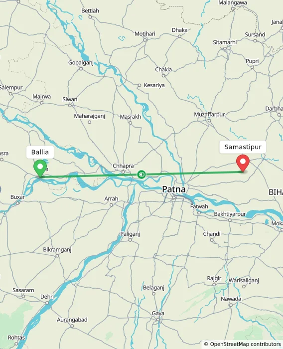 Route map showing distance and travel time from Ballia, India to Samastipur, India