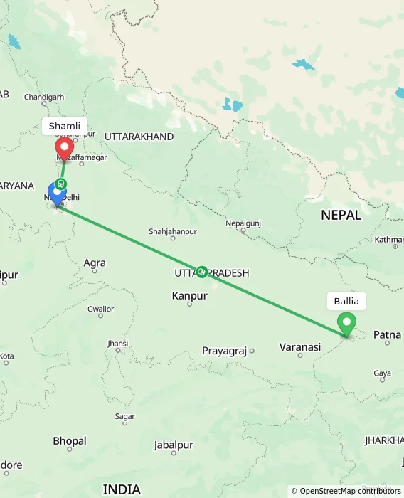 Route map showing distance and travel time from Ballia, India to Shamli, India