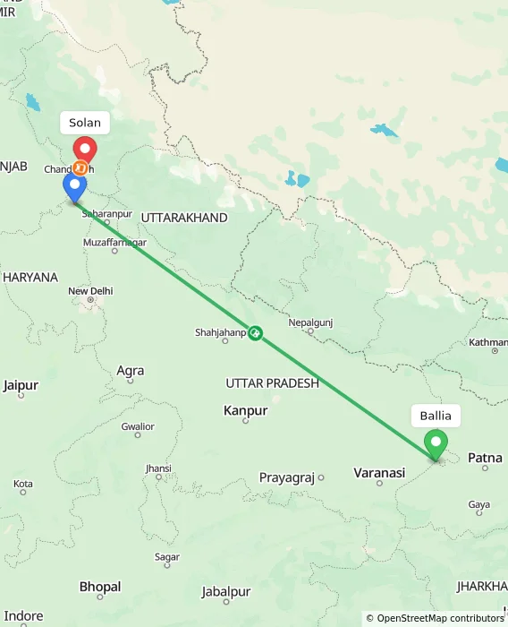 Route map showing distance and travel time from Ballia, India to Solan, India