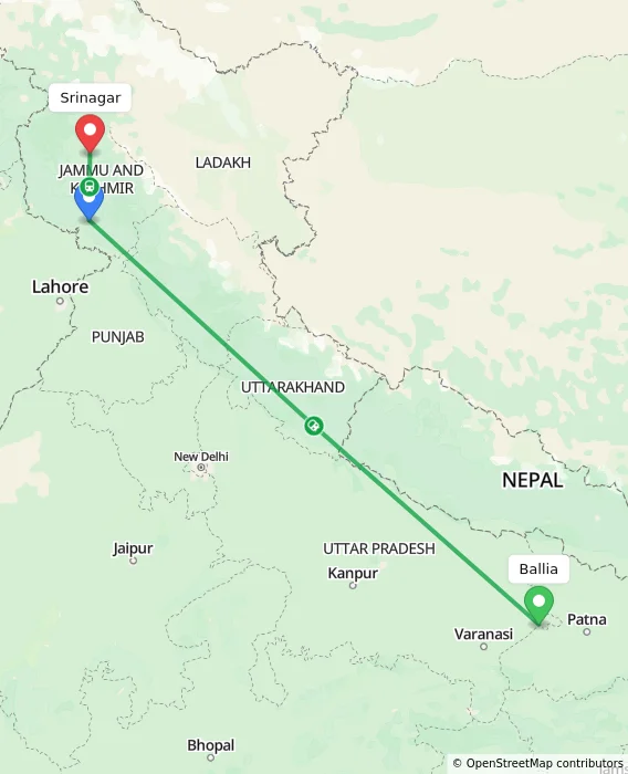 Route map showing distance and travel time from Ballia, India to Srinagar, India