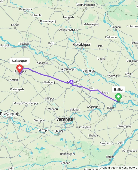 Route map showing distance and travel time from Ballia, India to Sultanpur, India