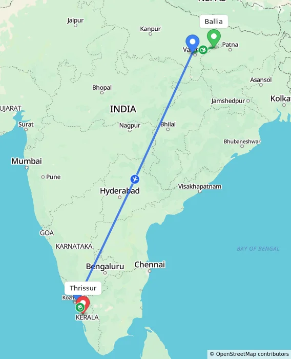 Route map showing distance and travel time from Ballia, India to Thrissur, India