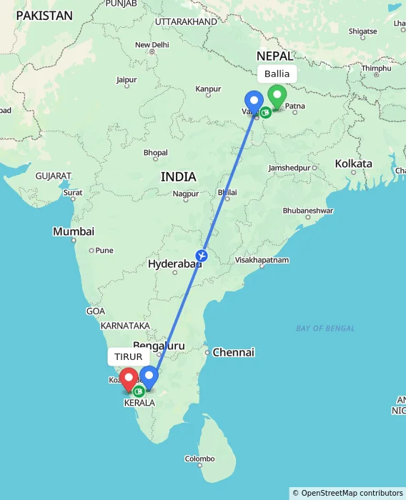Route map showing distance and travel time from Ballia, India to TIRUR, India