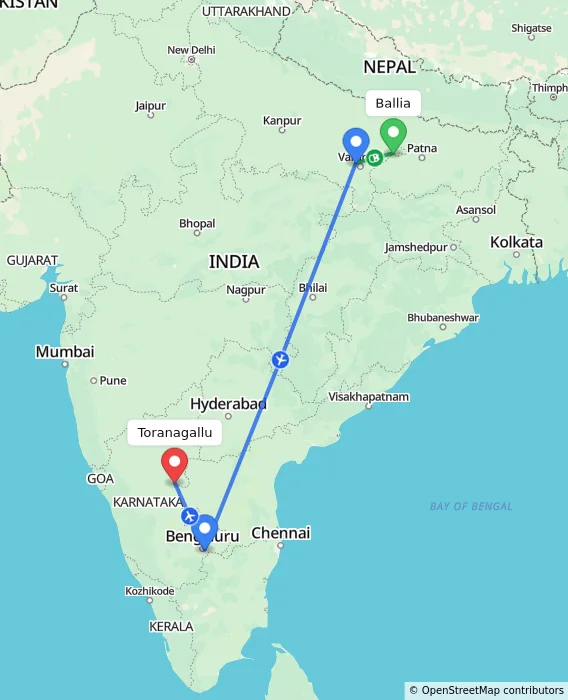 Route map showing distance and travel time from Ballia, India to Toranagallu, India