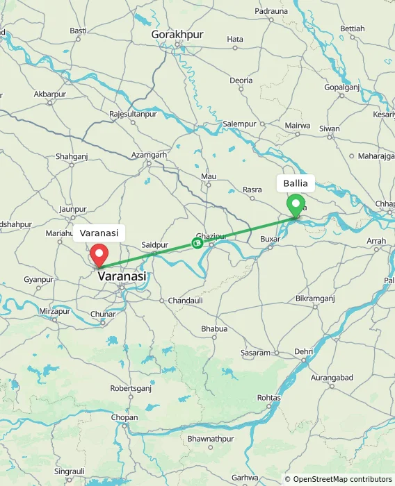 Route map showing distance and travel time from Ballia, India to Varanasi, India