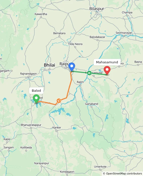 Route map showing distance and travel time from Balod, India to Mahasamund, India